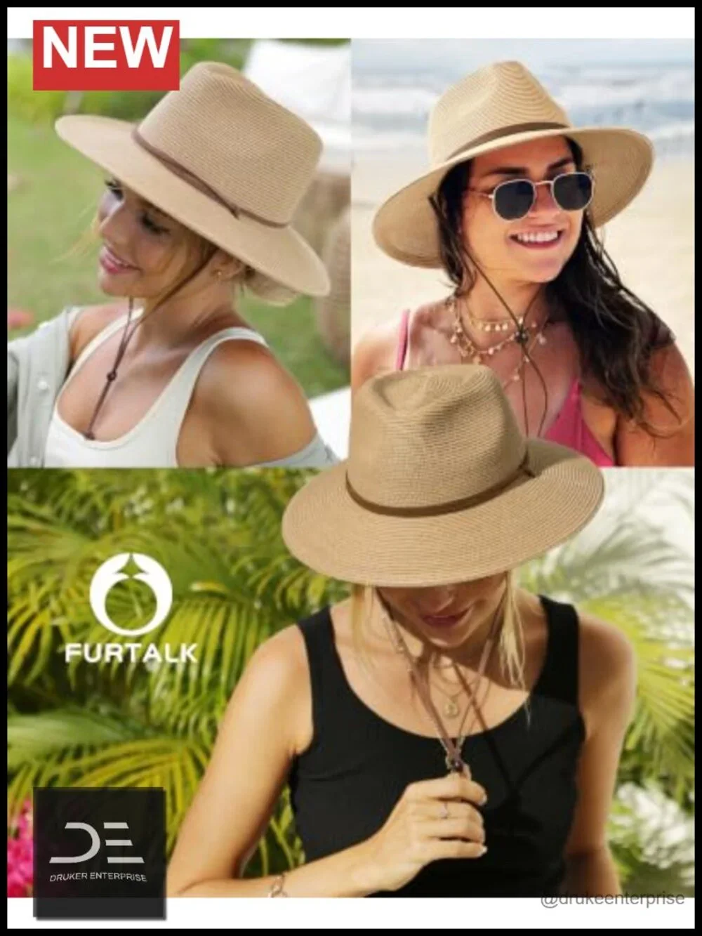 Straw Panama Fedora Sun Hat with Wind Lanyard UPF 50+ Packable